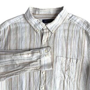 Nautica Linen Button Up Shirt Mens‎ Size XL Beige White Striped Coastal Preppy